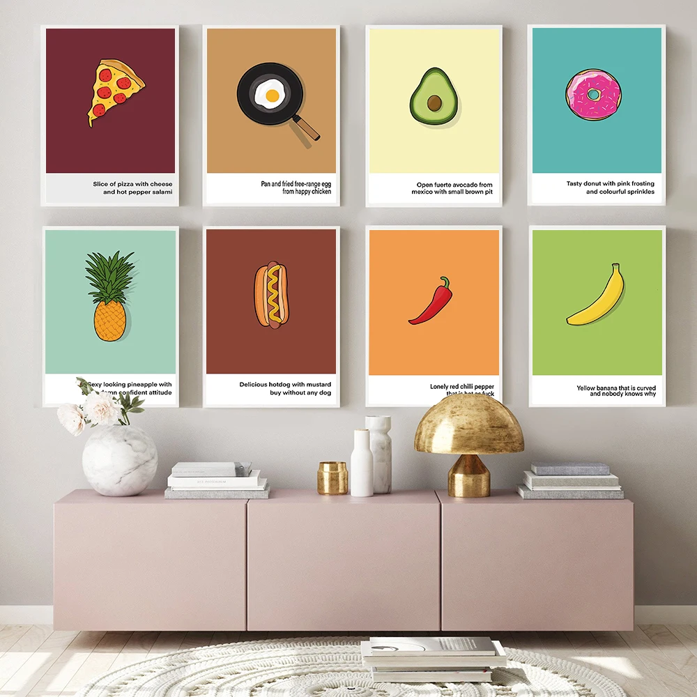 

Цветной постер с фруктами и едой, пицца, яйцо, Хотдог, печенье ананас, банан, Картина на холсте, Настенная картина для ресторана, кухни, домашн...