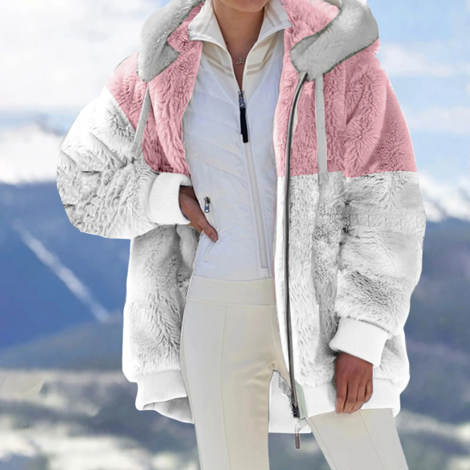 

Hooded Loose Jacket Women Casual Oversized New Autumn and Winter Warm Plush and Zipper Pocket Stitching Plaid Faux Fur Coat 2023
