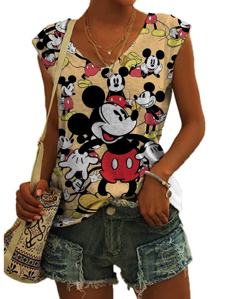 

Женская майка без рукавов, повседневный топ в Корейском стиле, с 3D принтом Микки и Минни Дисней, Лило и Лило, в стиле Харадзюку, лето