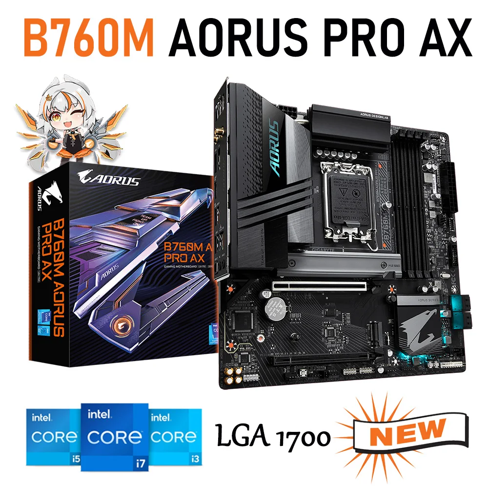 

Материнская плата LGA 1700 Gigabyte B760M AORUS PRO AX DDR5, Системная плата Intel B760 с поддержкой процессора 12-го 13-го поколения, 128 ГБ PCLE 5,0 M-ATX Поддержка процессоров 13700K 13600KF 13400F i3 i5 i7 i9