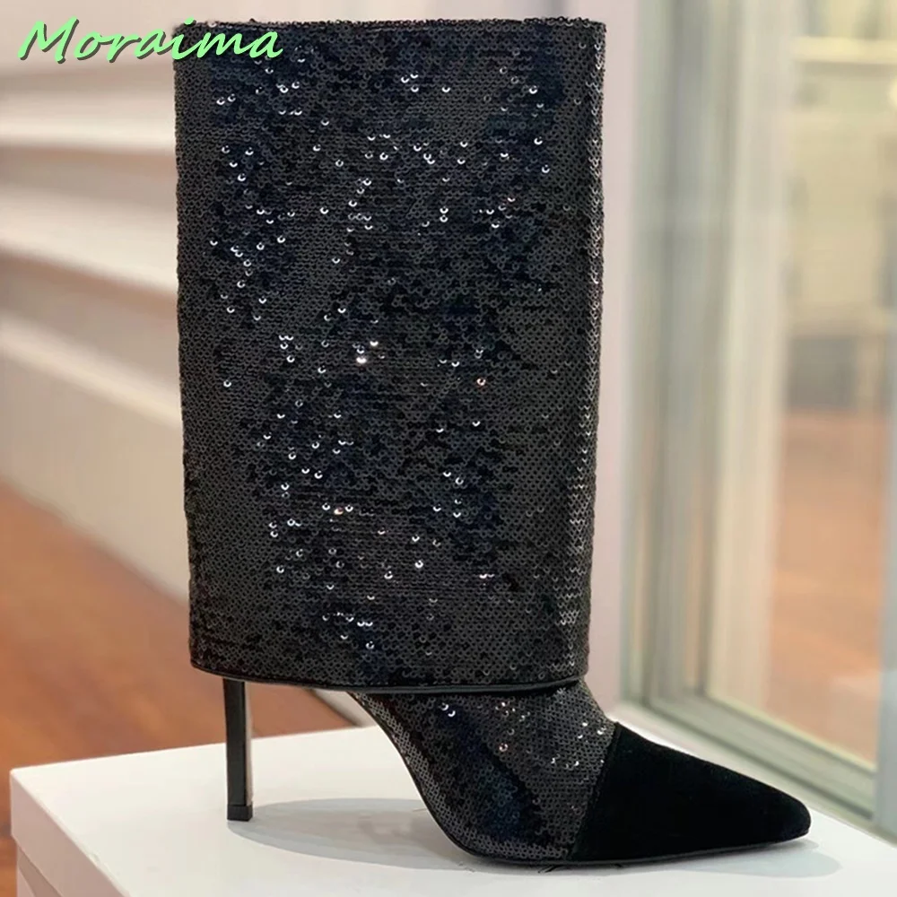 Sequins Pointed Toe Bling Trousers Boots Stiletto High Heel Stitching Slip On Solid Women Shoes Autumn Winter Runway Fashion New