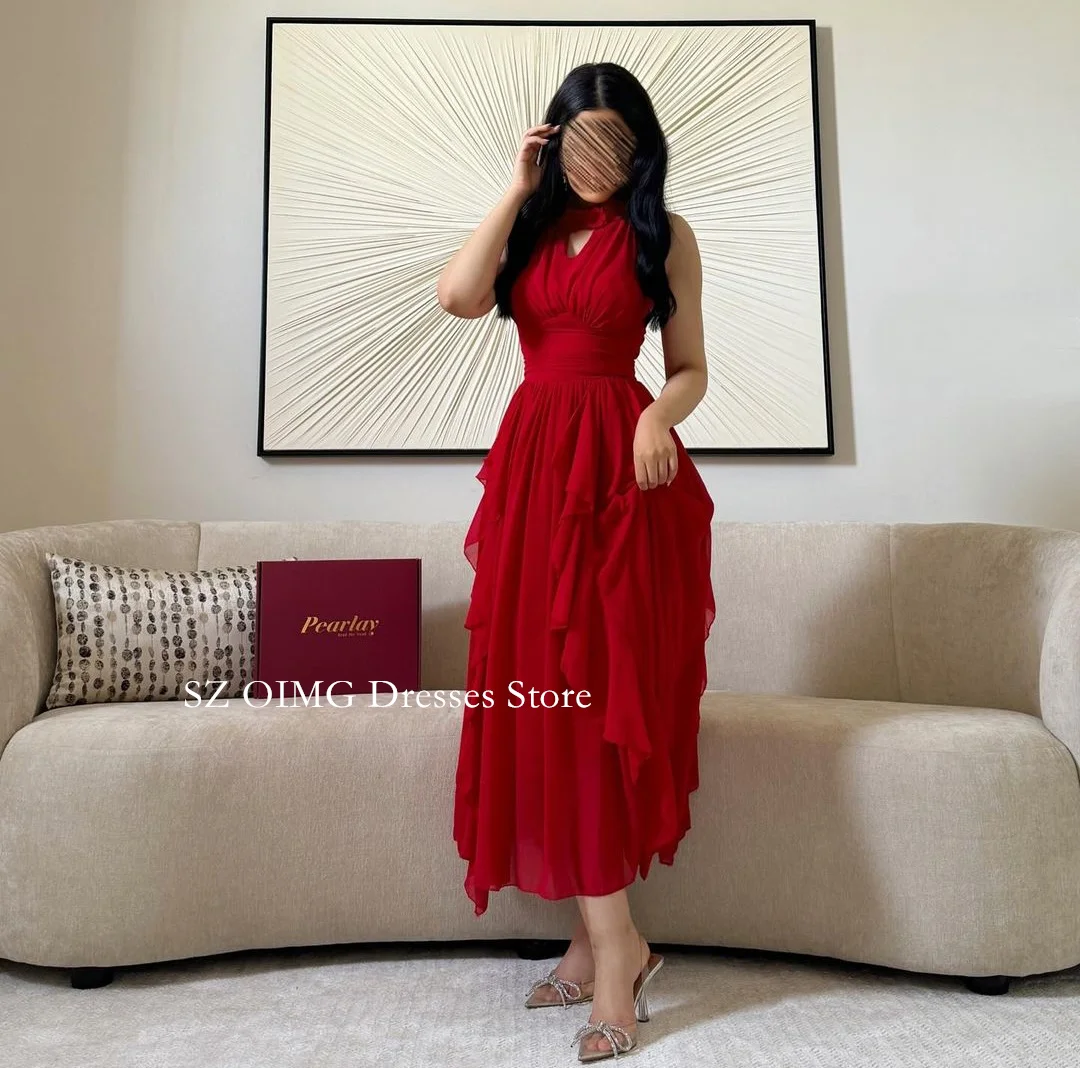OIMG Дубай современные с высокой горловиной оборками красные платья для