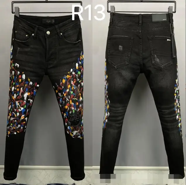 

Black Paint Splatter Jeans Men Fashion Ripped Hole Denim Trousers Straight Jeans