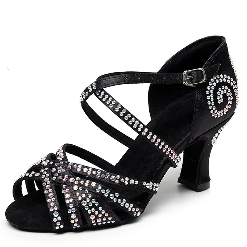 

Women Black Flare Heel Ballroom Dance Shoes Girls Rhinestone Danceing Shoes Woman Soft Bottom Bachata Salsa Latin Shoes for Kids