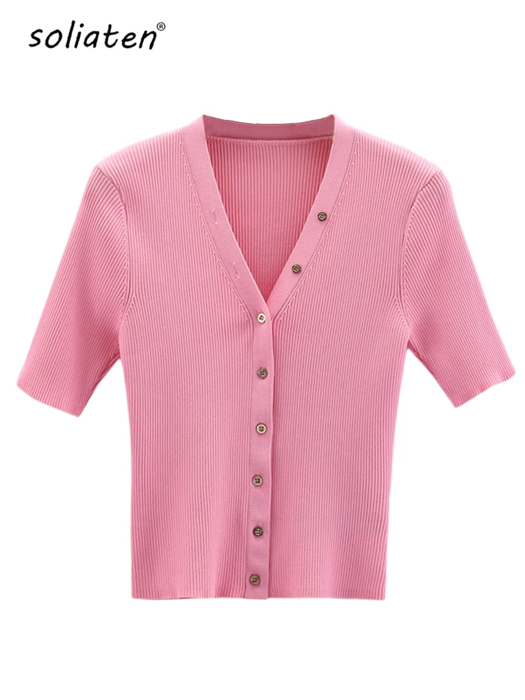 Single Breasted V Neck Knitwear With Button Women Retro Summer Short Sleeve Knit Cardigan Thin Top  B-037