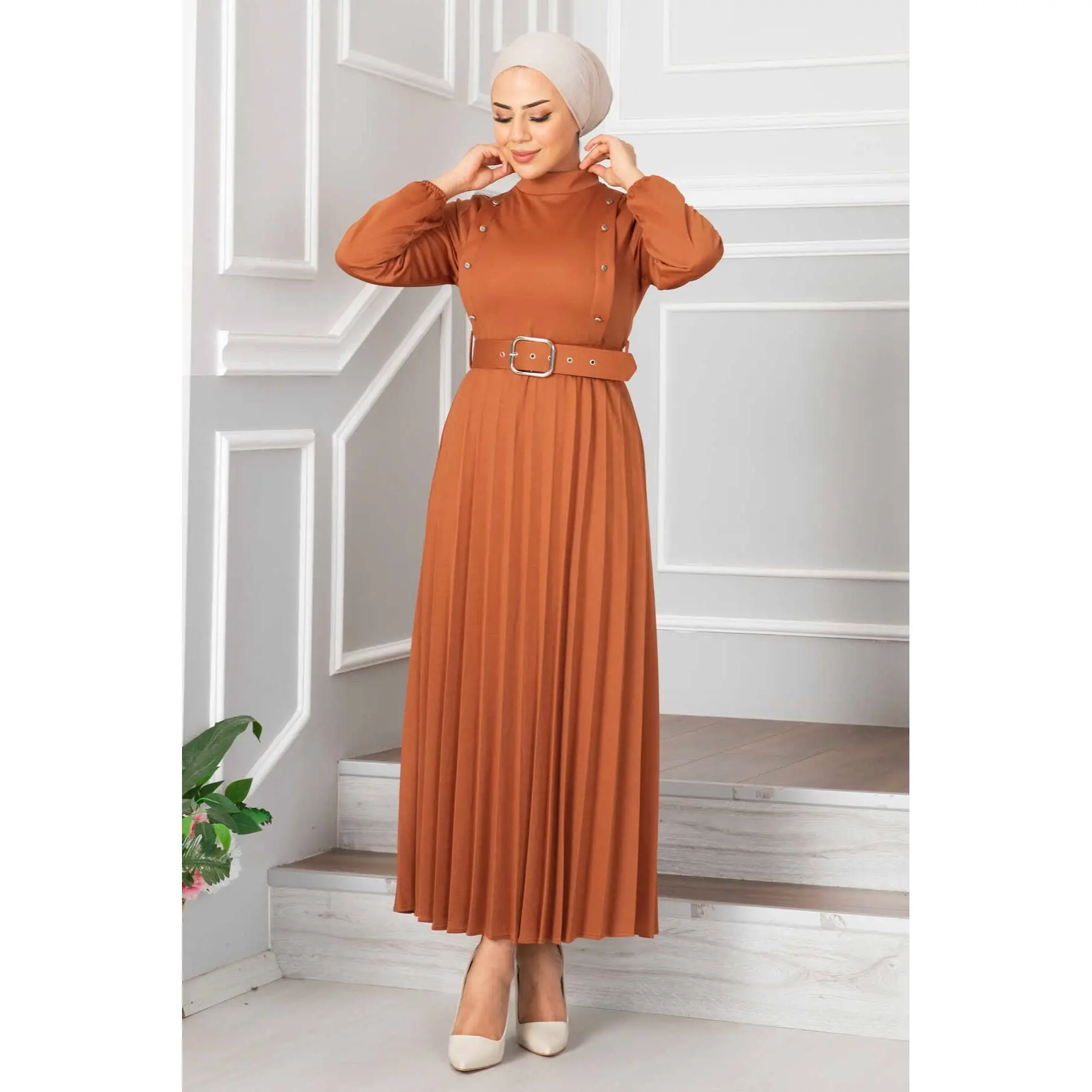 Muslim Women's Buttoned and Belted Pleated Maxi Dress Muslim Fashion Modest Clothing Morocain Abaya Kaftan Dubai Turkey 2023