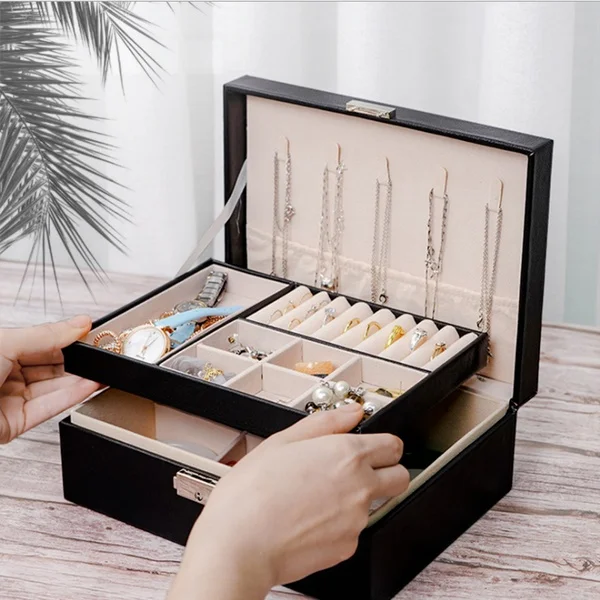 

Fashion, Multi-function, Large Capacity Design Pu Leather Jewelry Box Double-Layer Wooden Case Princess Display Holder Women Gif