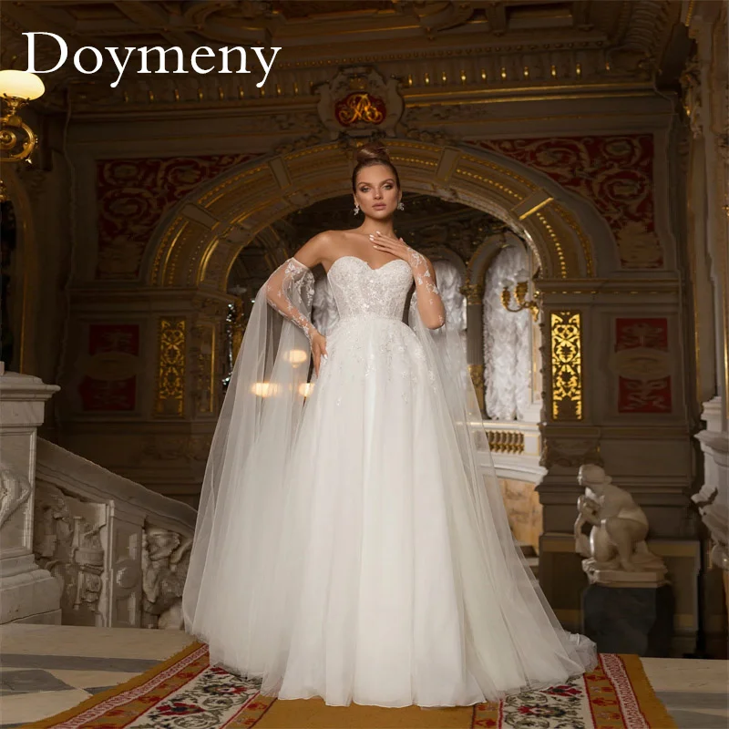 

Doymeny Elegant Sweetheart Wedding Dress with Removable Long Sleeves Appliques Flowers Button Back Robe De Mariee