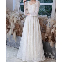haowen luxury elegant evening dresses square collar long sleeves a line shining sequins banquet prom cocktail party gowns