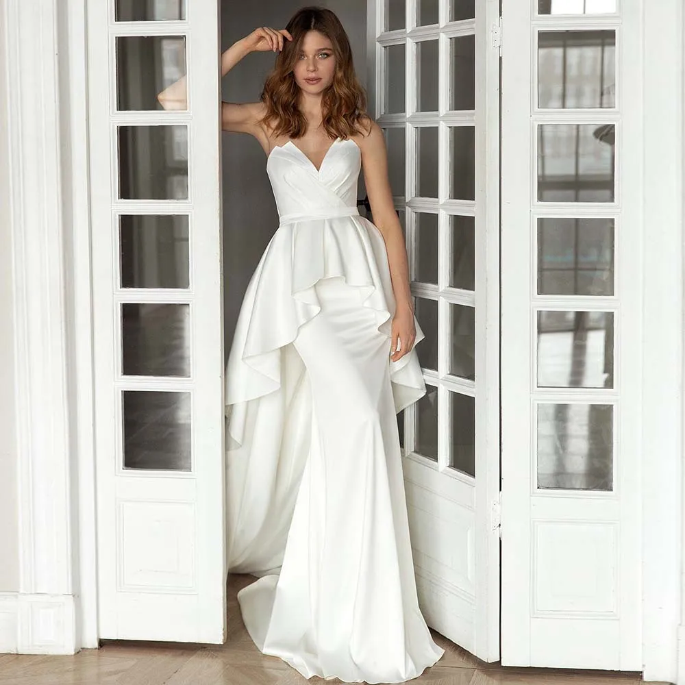

Simple Wedding Dresses White Satin V-Neck Zipper Detachble Train Bride Dress Mermaid Pleated Ruched Bridal Gown Custom Made 2022