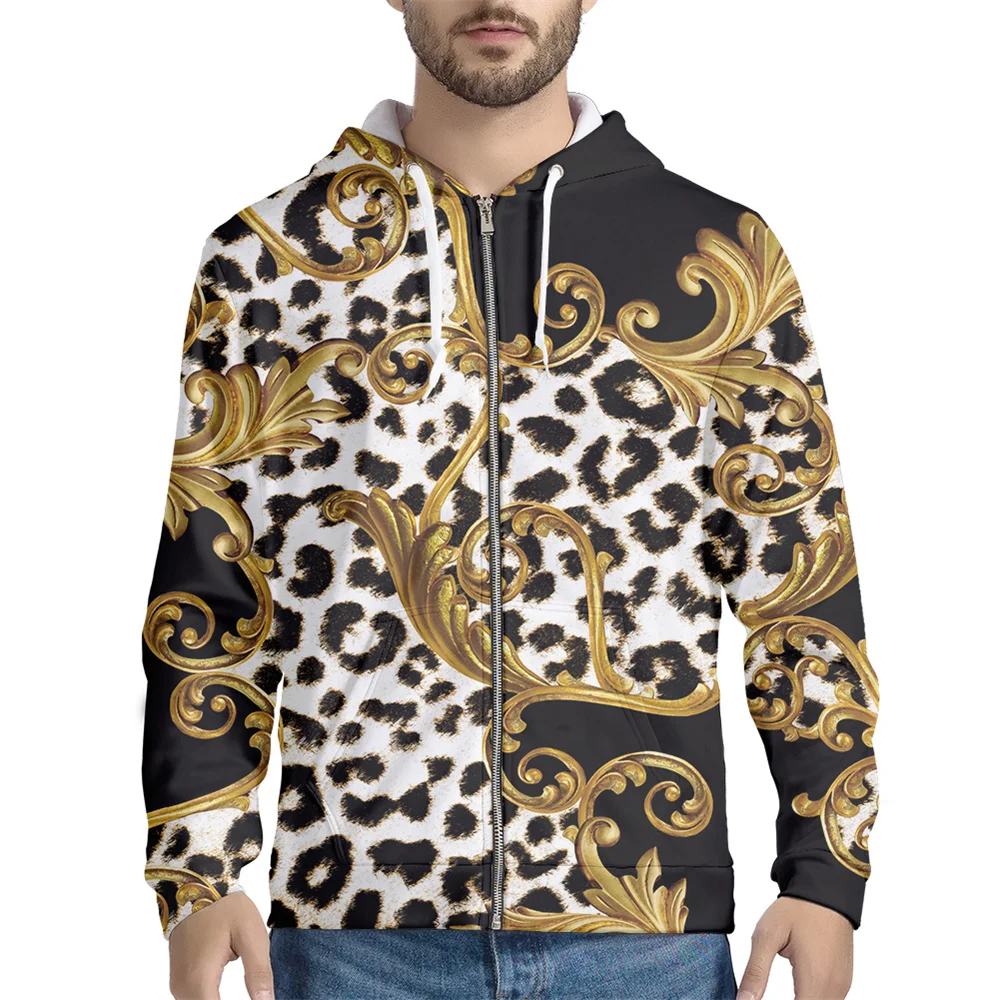 

Baroque Pattern Full Zip Up Men's Hoodies Leopard Print Hooded Sweatshirt Male Fleece Man Jackets Winter Long Sleeve Streetwear