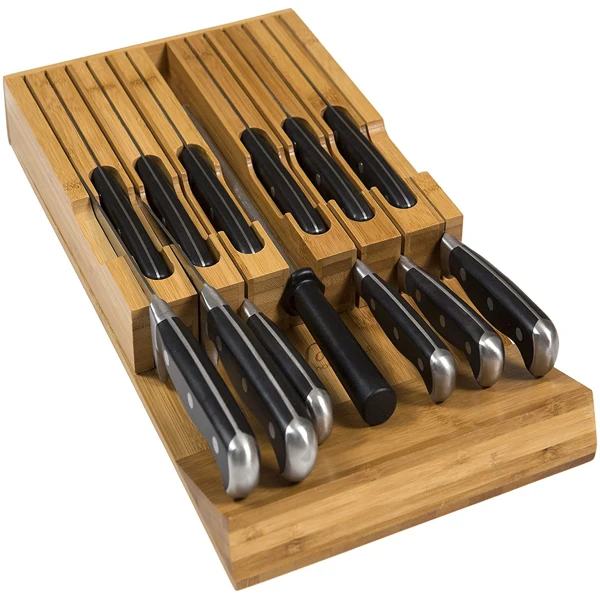 

In-Drawer Bamboo Knife Block Holds 12 Knives and 1 Sharpening Knife Organizer Drawer Insert for Kitchen Cooking(Not Included)