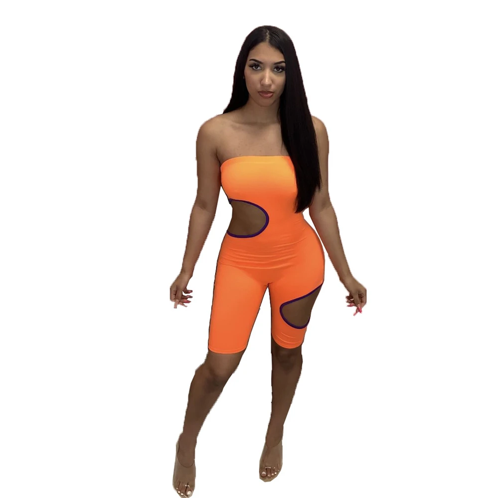 Fashion Color Matching Skinny Rompers For Women Hole High Elastic Breast Wrap Tops Shorts Sexy Yoga Casual Jumpsuits MN8355