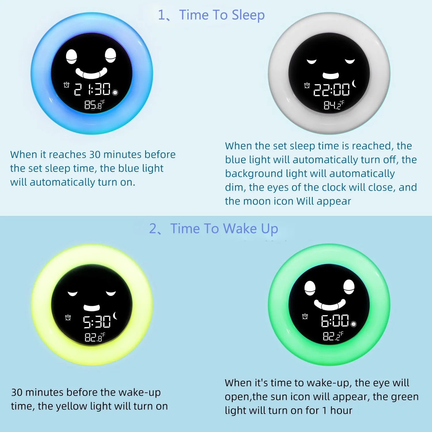 Kids Child Alarm Clock Sleep Training Clock Colorful Night Light Digital Wake Up Clock with Temperature NAP Timer for Bedroom images - 6