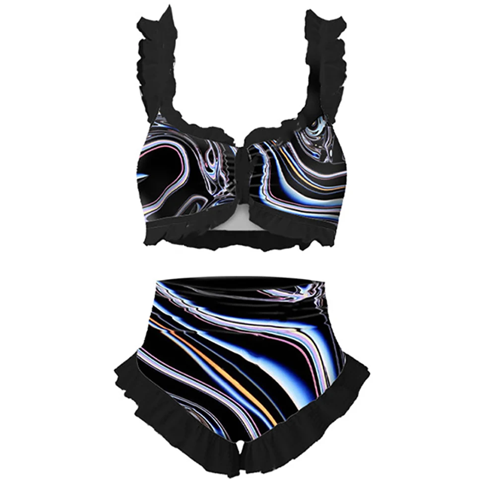 Fashion Solid Black Ruffled Bikinis Sexy Print One Piece Swimsuits Summer Beach Outfits for Women Bathing Suits Push Up Swimwear