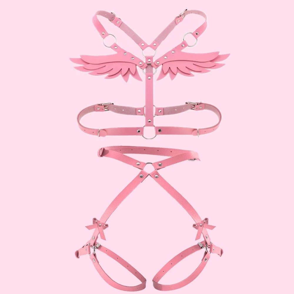 Angel Wings Harness Women Set Pink PU Leather Garter Belt Go