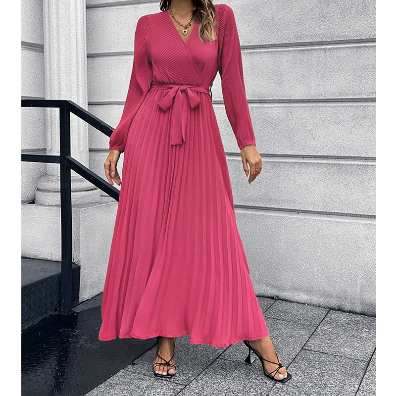 

DUYIT V-Neck Long-Sleeved Pleated Waist Bandage A-Line Skirt Autumn And Winter Women's New Solid Color Casual Mid-Length Dress