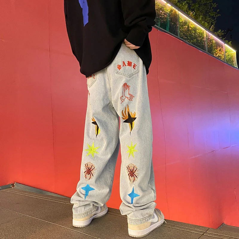 New Women's Jeans Neutral Wide Leg Denim Trousers Loose Straight Luxury Jeans Youth Street Casual Cross Embroidery Hip Hop Pants