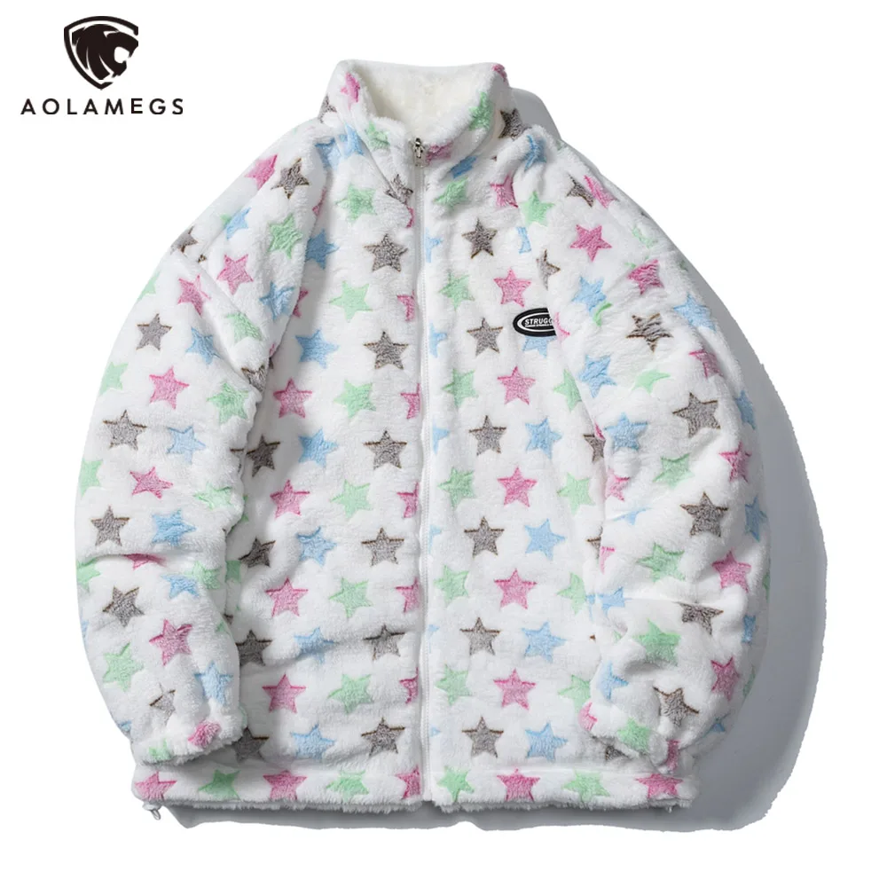 

Reversible Men's Rabbit Fur Jacket Coats Hip Hop Solid Color Fleece Jacket Streetwear Casual Stars Print Harajuku Zipper Outwear