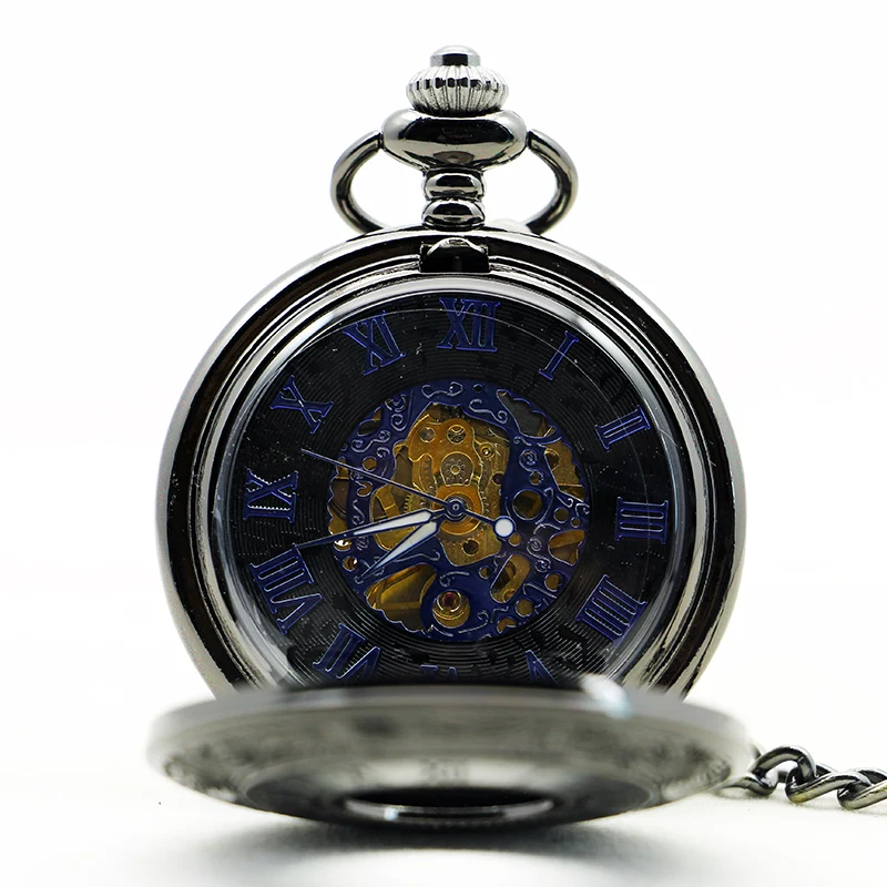 Retro Hand Wind Mechanical Pocket Watch With Fob Chain Mens Hollow Skeleton Dial Black Steel Fashion Pocket Fob Watches Gifts