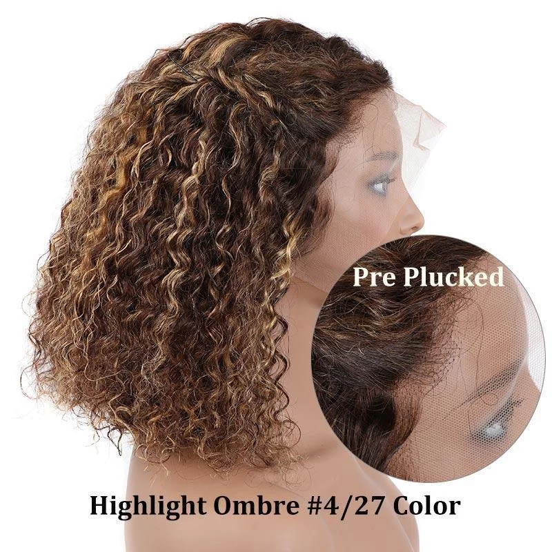 4/27 Ombre Highlight Deep Wave Bob Wig 13x4 Кружевные Фронтальные Человеческие Волосы 150% Плотность