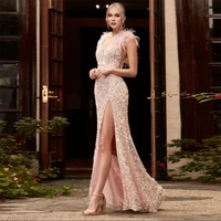 gorgeous pink long evening dresses sequin deep v neck feather straps high slit mermaid backless formal prom party gowns