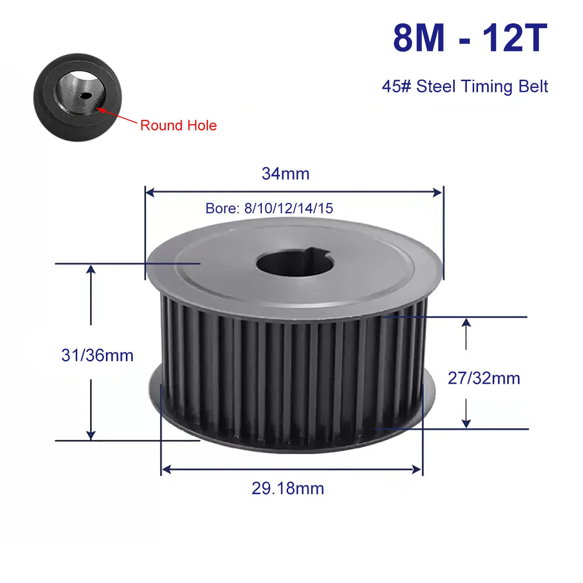 

HTD8M 12 Teeth Synchronous Pulley 45# Steel Slot Width 27/32mm Industrial Transmission Pulley AF 5M-12T Timing Belt Pulley
