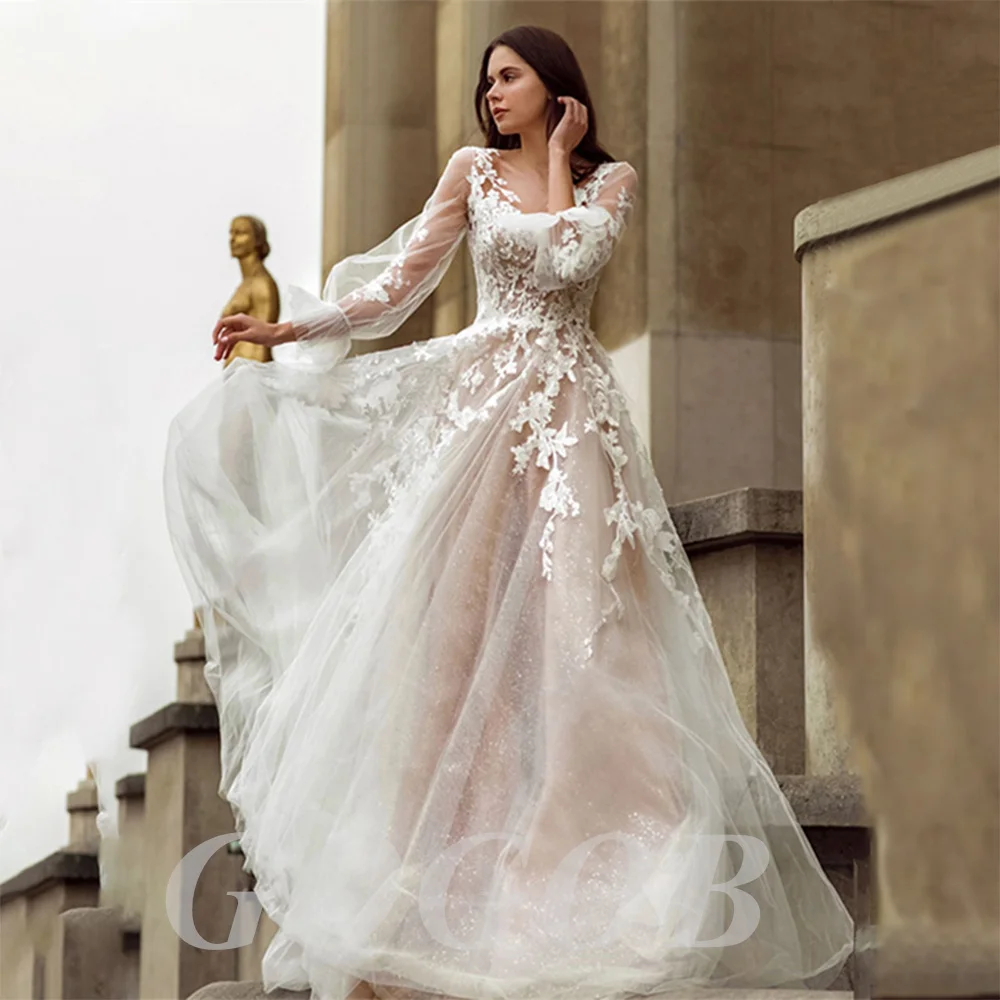 

GOGOB Luxury A-Line V-Neck Wedding Dress R032 Sexy Long Puff Sleeve Lace Appliques Bridal Gown Illusion Tulle Button Train