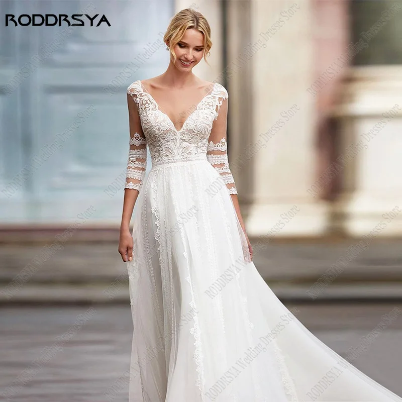

RODDRSYA Bohemian Wedding Dress 3/4 Lace Sleeves robe de mariée fluide A Line Backless Sweep Train Beach Bridal Gown Custom Made