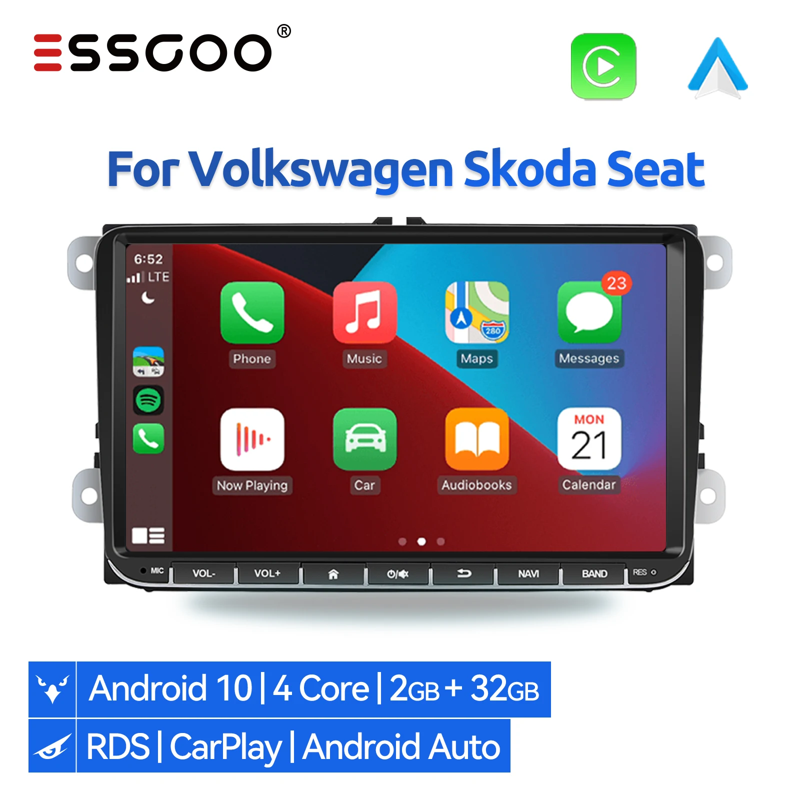 ESSGOO 9 pollici autoradio 2 Din Android Auto Multimedia Player CarPlay RDS Stereo per Volkswagen Passat B6 Golf Polo Seat Skoda