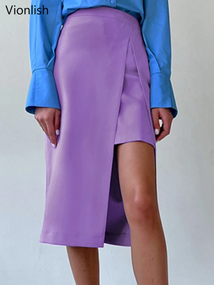 

Vionlish Fashion Stylish Split Ladies Irregular Midi Skirts High Waist Female A-line Skirts 2022 Summer Chic Women Solid Skirts