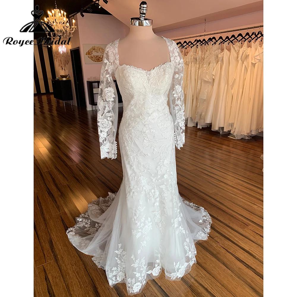 

Vintage Sweetheart Long Sleeves Full Lace Mermaid Wedding Dress Custom For Women Boho Bride Gown Vestido De Novia Robe De Mariée