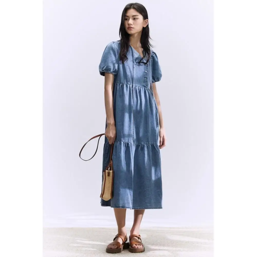 Платье H M с пышными рукавами из джинсовой ткани синего цвета