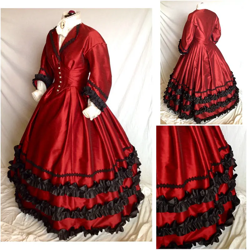 

Medieval Victorian Vintage Costumes 1860s Civil War Southern Belle Ball Gown Dress Victorian red Bustle dresses Women's Walking