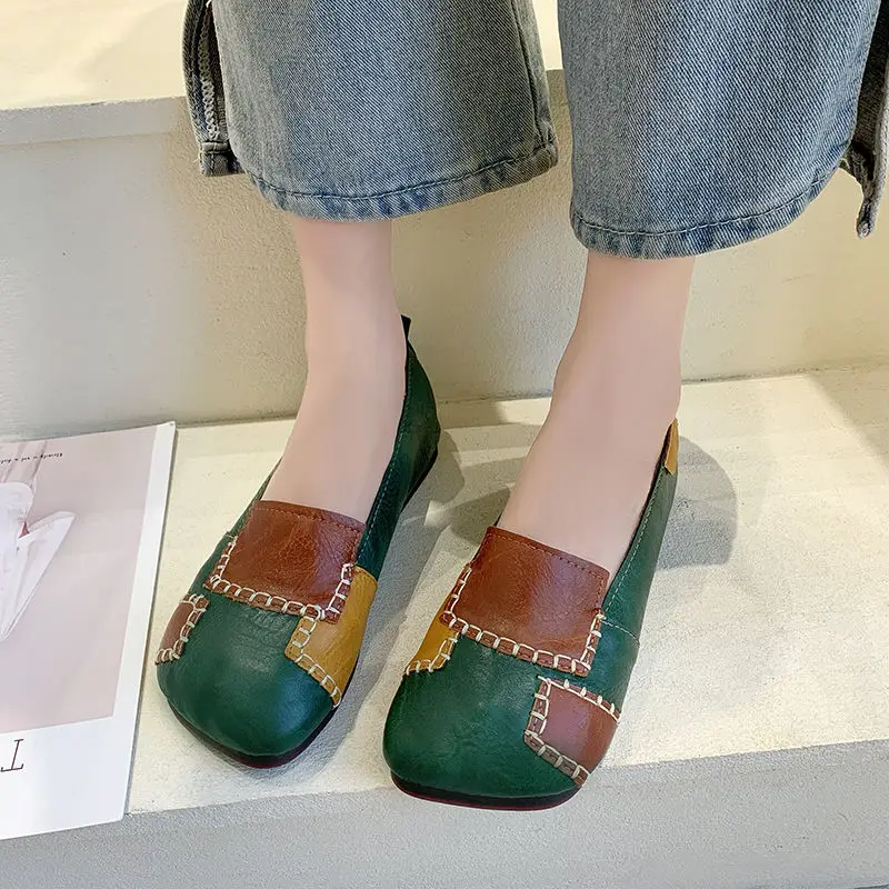 Designer Patches Ballet Flats Women's Summer Autumn Leather Moccasins Woman Green Flat Shoes Elegant Slip On Loafers Female Shoe