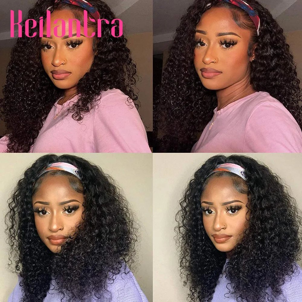 Brazilian Deep Wave Headband Wig Human Hair Wigs For Black Women Full Machine Made Scarf Wig Glueless Deep Curly Headband Wig