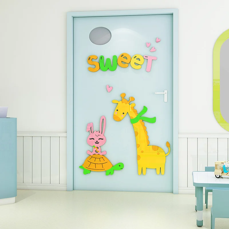 

Hello Cartoon Animal Door Sticker 3D Acrylic Wall Sticker Children's Room Kindergarten Decoration Giraffe Panda Penguin Sticker