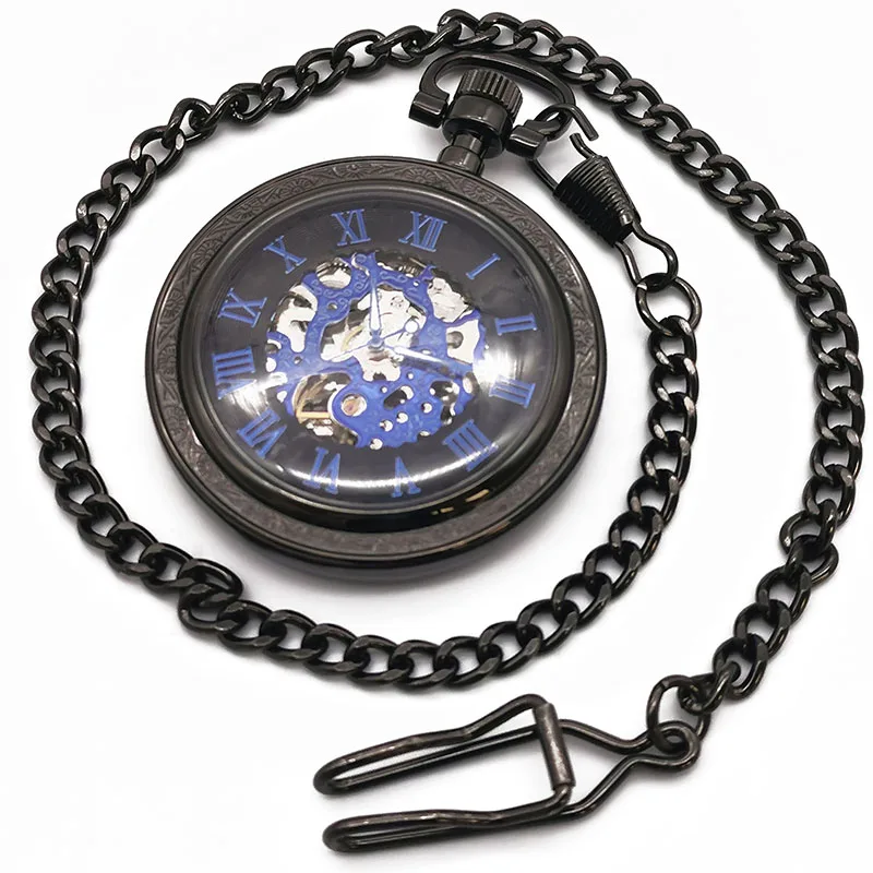 Retro Steampunk Black Pattern Case Design With Blue Dial Mechanical Pocket Watch With Chain Gift To Men Women reloj de bolsillo