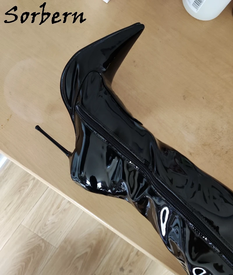 Sorbern Sexy Stilettos Metal Heel Boots Women Pointed Toe Mid Thigh High Patent Leather Long Boot Female Shoes Customized Legs