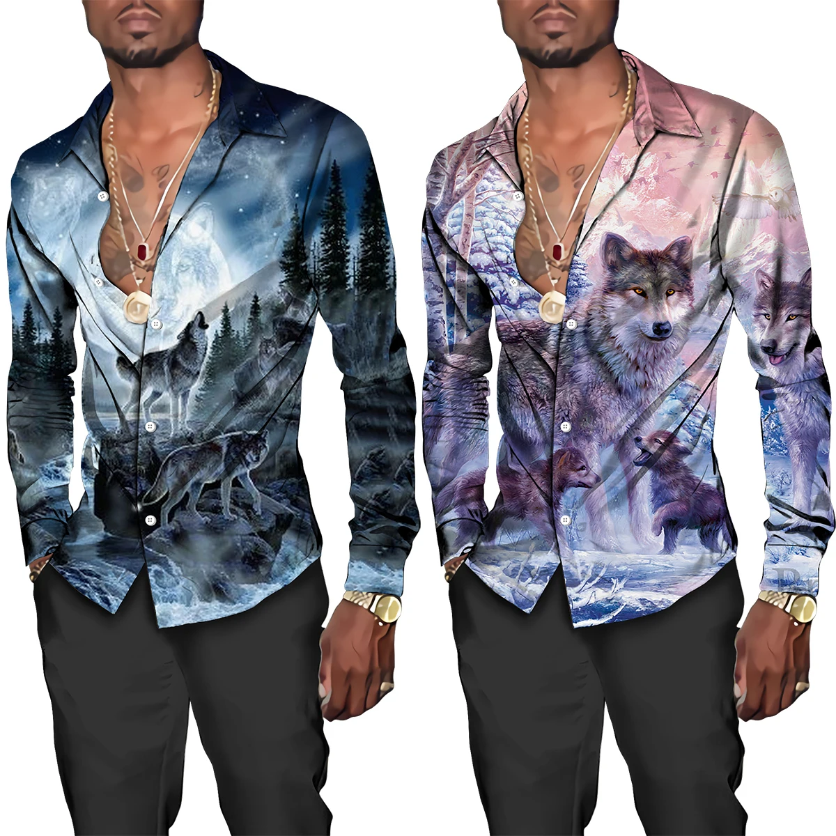Trend Personality Animal Wolf Pattern 3D Print Long Sleeve Shirts Fashion Cool Style Graphic Button Blouses For Men Футболка