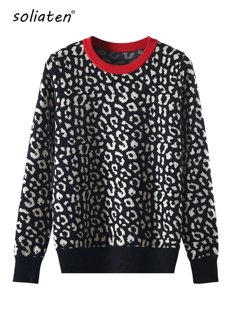 Maglioni donna autunno inverno maglioni lavorati a maglia leopardo manica lunga contrasto colore maglioni girocollo Sweter Mujer C- 026