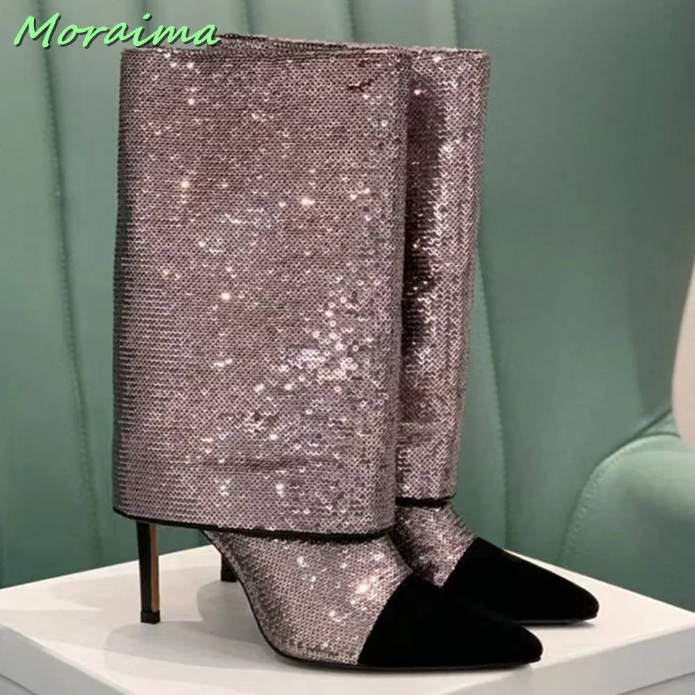 Sequins Pointed Toe Bling Trousers Boots Stiletto High Heel Stitching Slip On Solid Women Shoes Autumn Winter Runway Fashion New