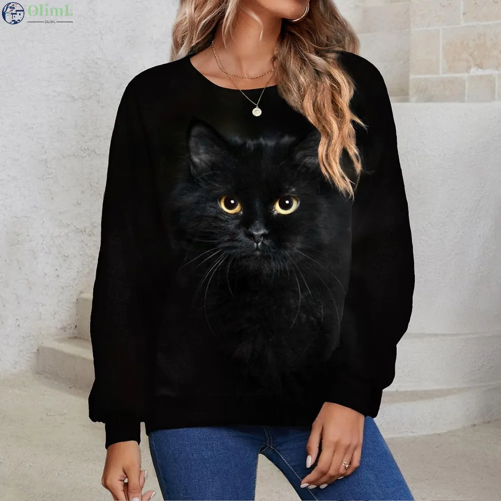 

Новая женская футболка, свитер, пуловер с принтом в виде котят, базовая уличная одежда в виде черной кошки, с круглым вырезом и длинным рукавом, осень