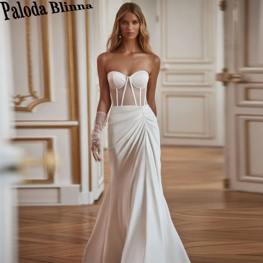 

Paloda Simple Pleat Sweetheart Wedding Dresses 2023 Bride Satin Illusion Lace Up Court Train Backless Mermaid Sleeveless