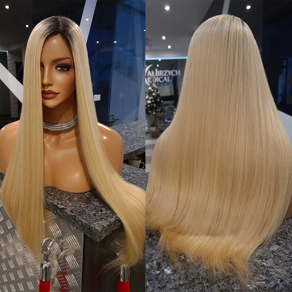 High Quality Real Hair Luxury Blonde Lace Front Wig Dark Roots Ombre Human Hair Wig HD 13x4/13x6 Silky Straight Wig 32