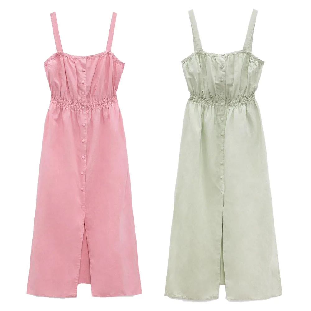

Zach AiIsa spring and summer new women's clothing simple and versatile casual split design mid-length suspender dress