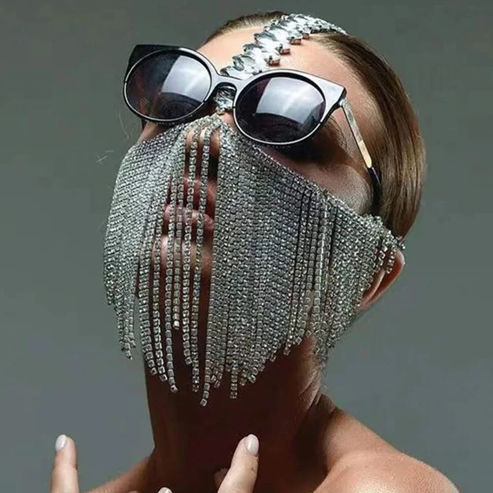 Stonefans-Máscara de velo con borla larga de diamantes de imitación para mujer, joyería para Halloween, fiesta de graduación, cristal, máscara facial completa, decoración para la cabeza