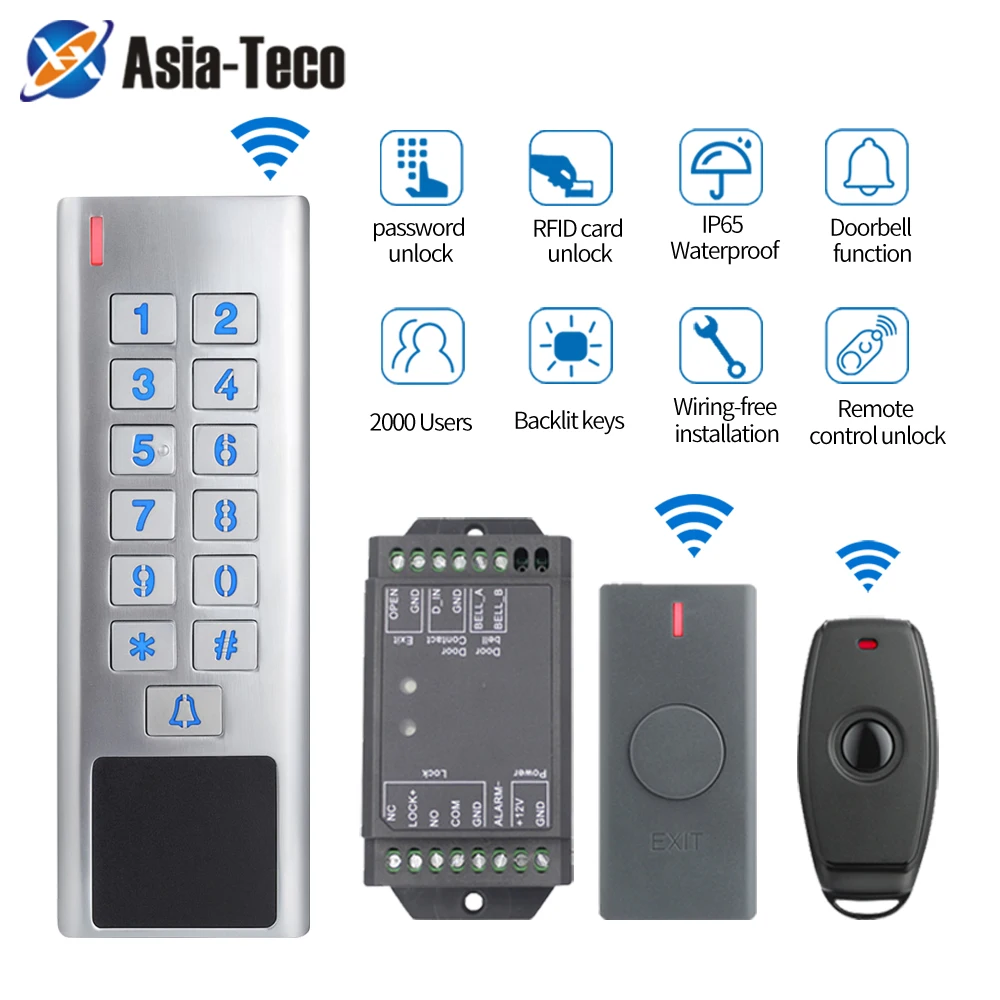 

IP66 Waterproof 433Mhz DC 12V Wireless Access Control System Electronic Door Lock 125Khz RFID Keypad Remote Access Control Kits