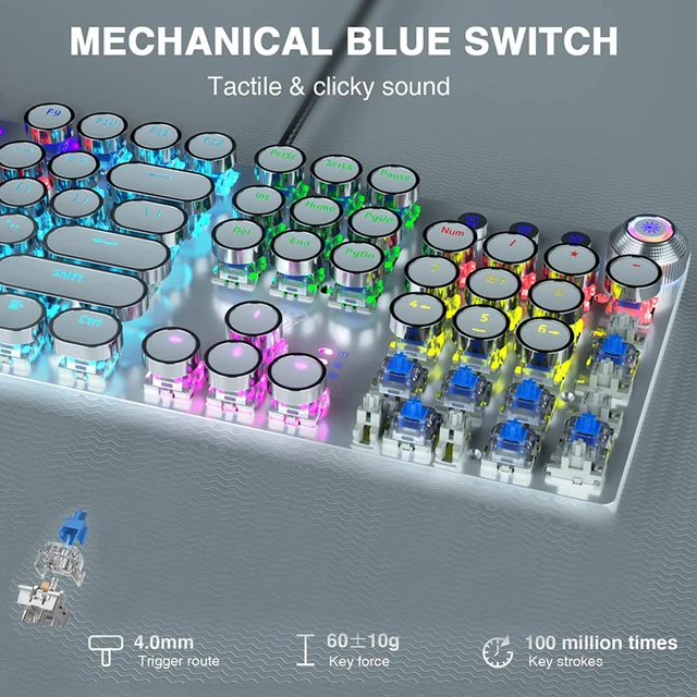 Retro Typewriter Keyboard Mechanical Gaming Blue Switch Media Control Knob Rainbow Backlit Punk Round Keycaps USB Wired Computer 2