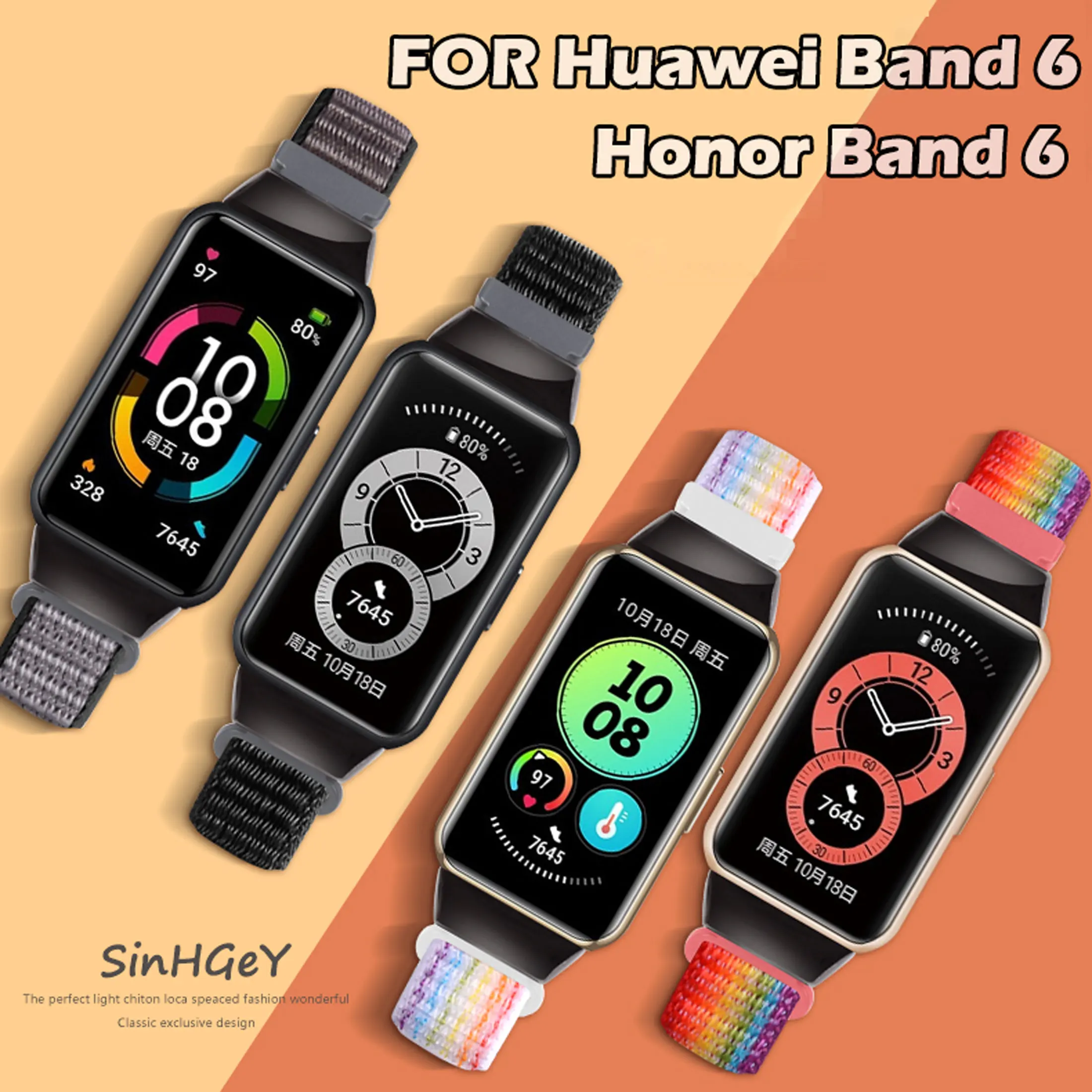 

SinHGeY нейлоновый ремешок для Huawei Band 6 Honor Band 6 эластичный ремешок на липучке оптоволоконный сменный Браслет Новинка